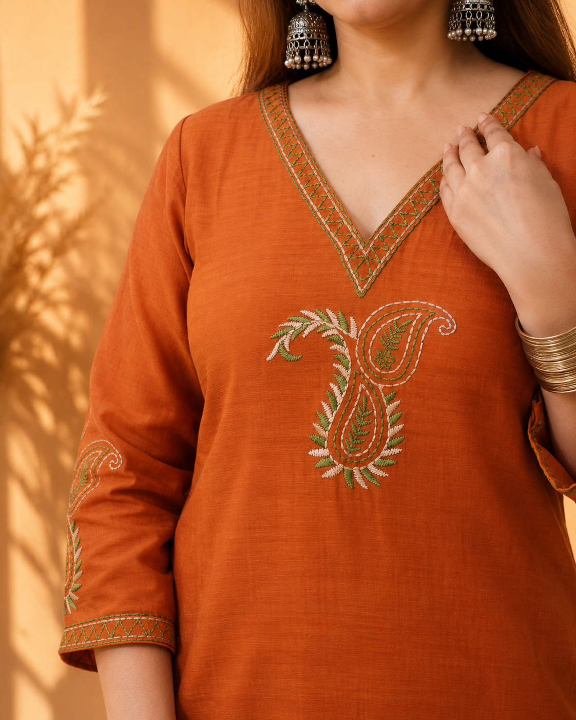 Rust Mul Chanderi Kurta Set with Palazzo and Paisley Embroidery