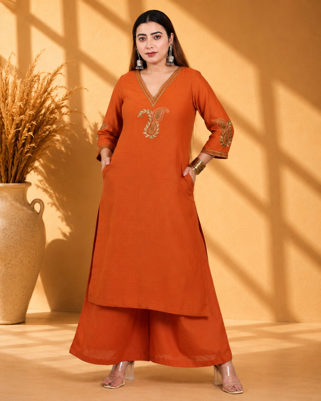 Rust Mul Chanderi Kurta Set with Palazzo and Paisley Embroidery