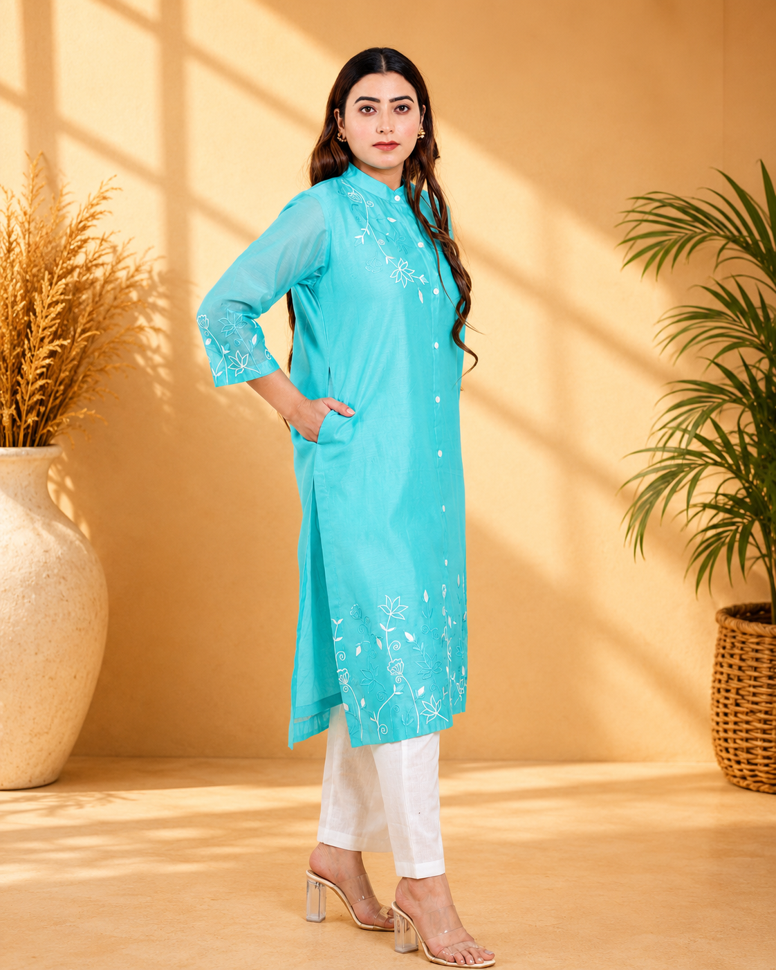 Sea Green Chanderi Kurta Set with Band Collar and Heavy Embroidery