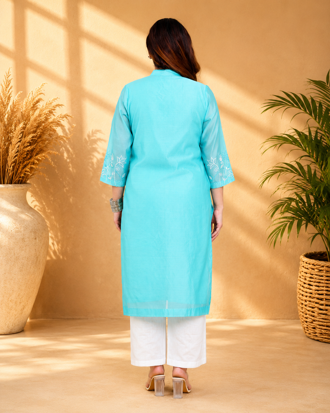 Sea Green Chanderi Kurta Set with Band Collar and Heavy Embroidery