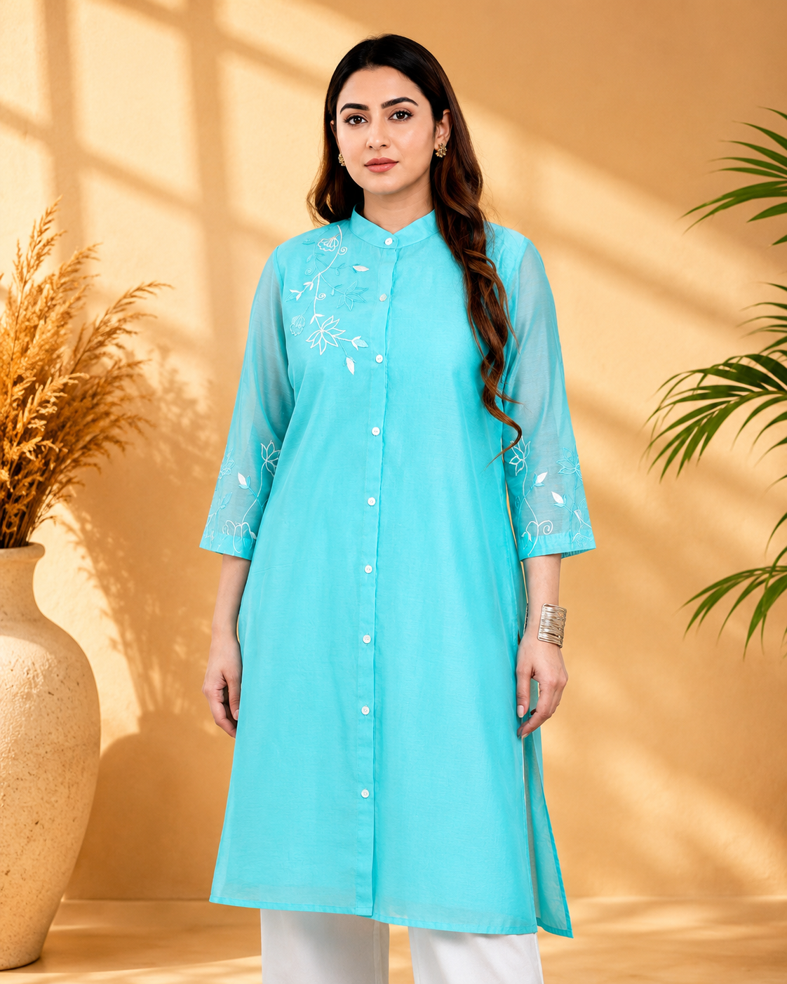 Sea Green Chanderi Kurta Set with Band Collar and Heavy Embroidery