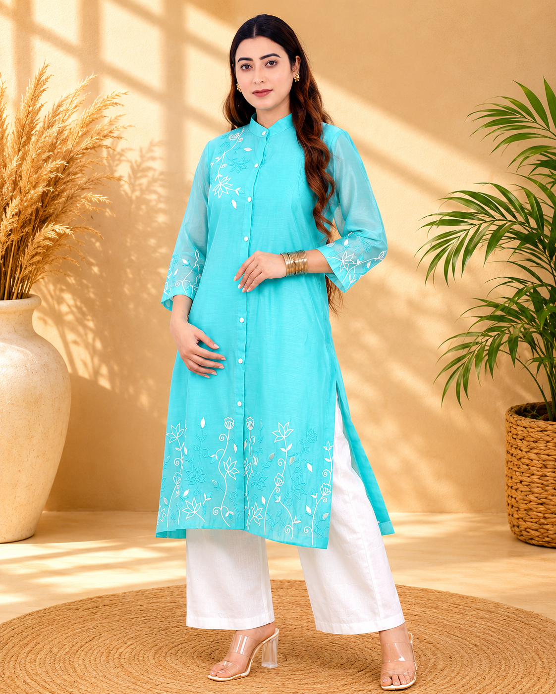 Sea Green Chanderi Kurta Set with Band Collar and Heavy Embroidery
