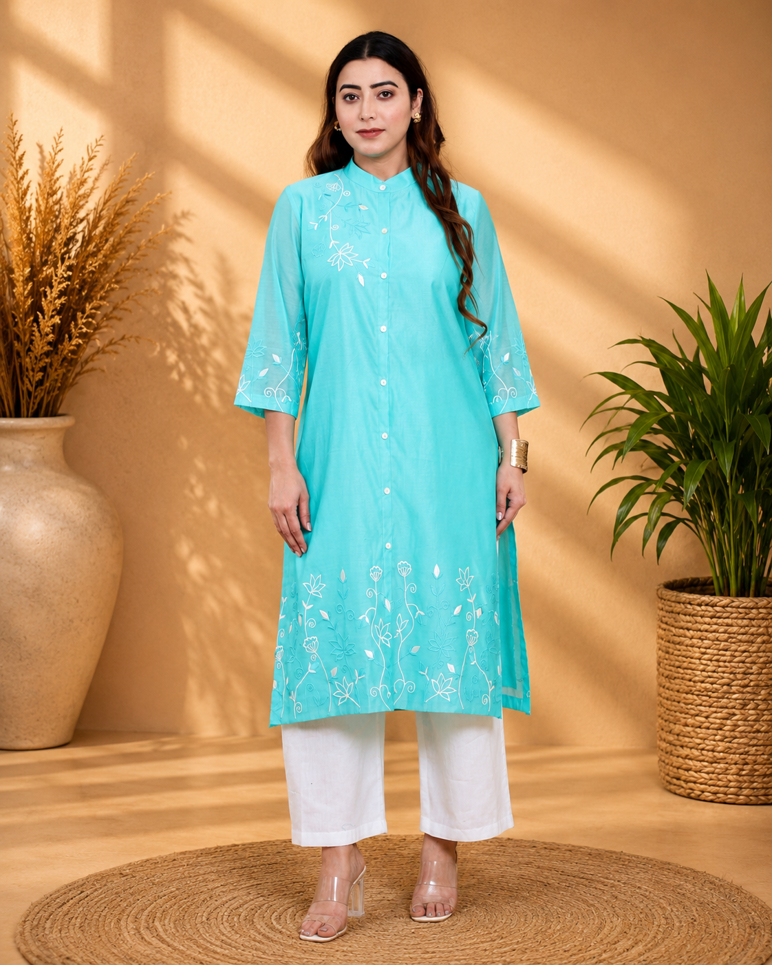 Sea Green Chanderi Kurta Set with Band Collar and Heavy Embroidery