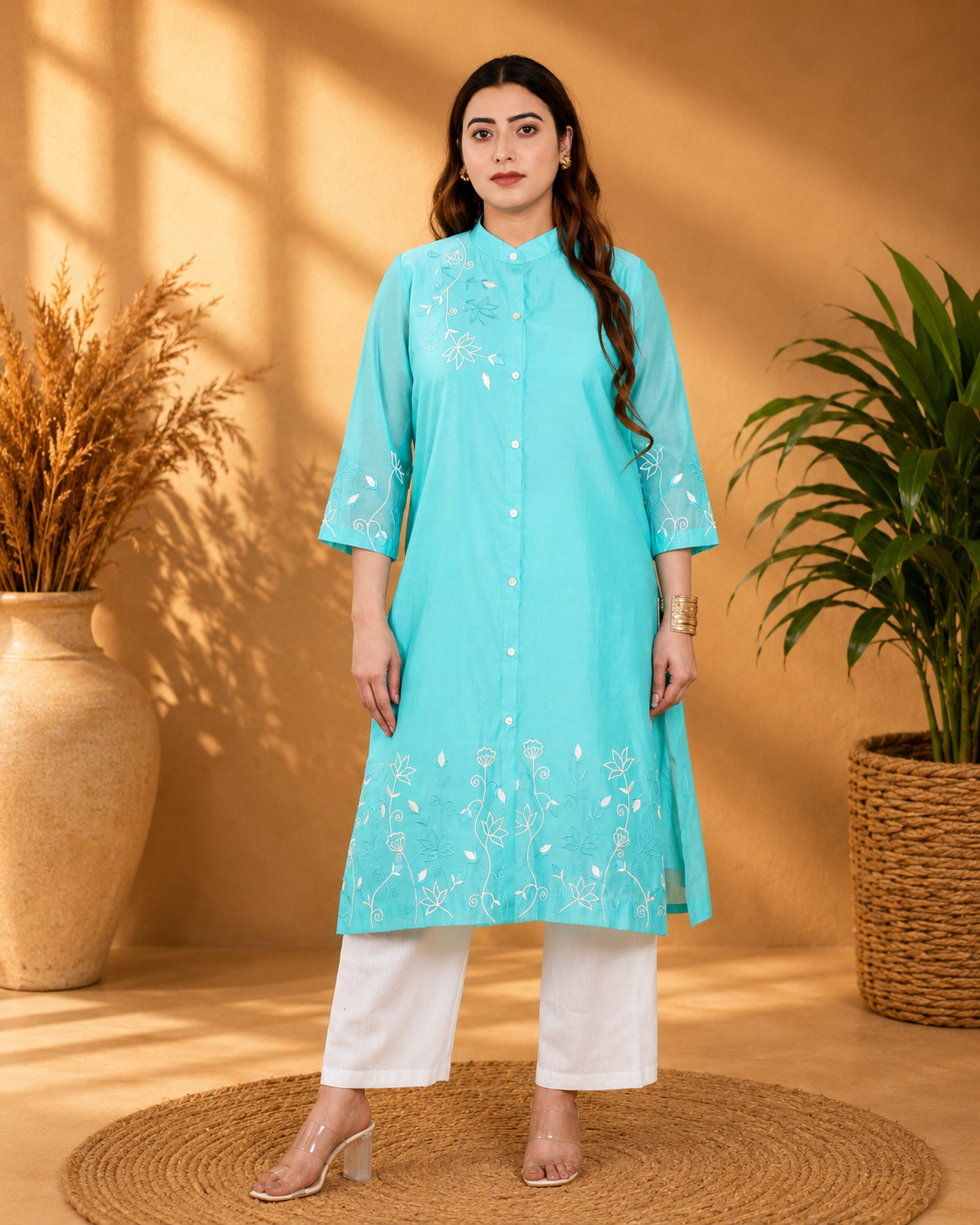 Sea Green Chanderi Kurta Set with Band Collar and Heavy Embroidery