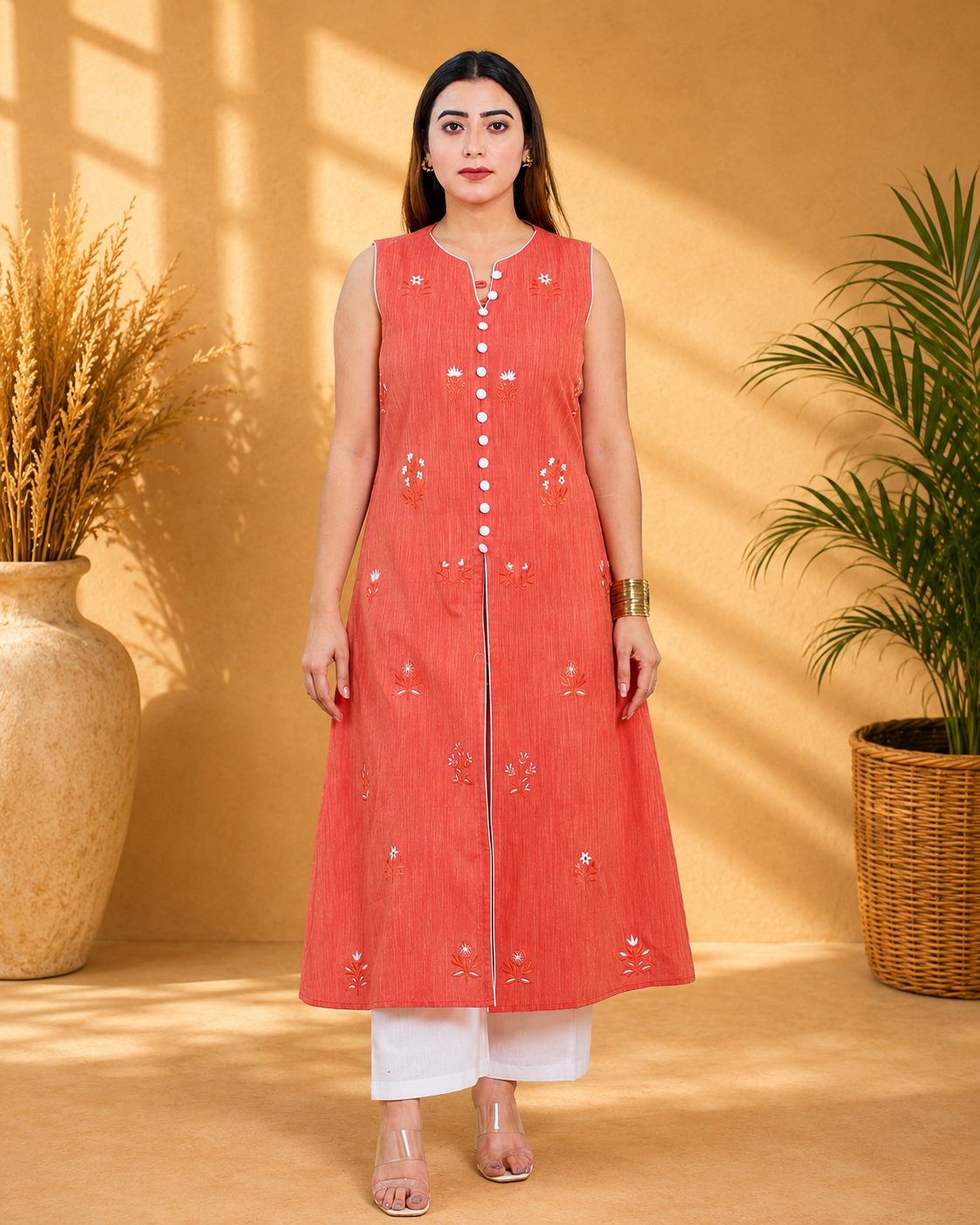 Red Handloom A-Line Kurta Set with White Pants and Floral Motifs