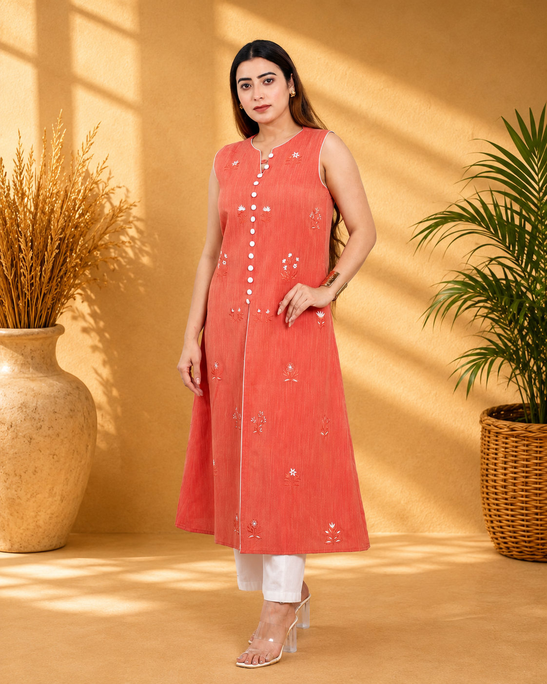 Red Handloom A-Line Kurta Set with White Pants and Floral Motifs