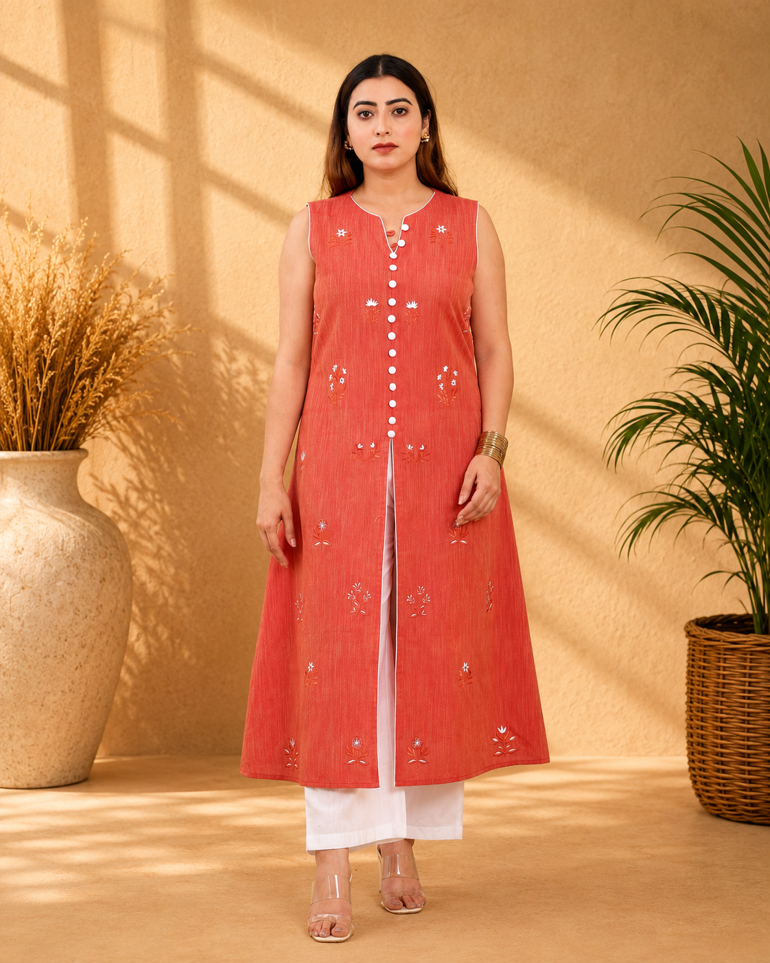 Red Handloom A-Line Kurta Set with White Pants and Floral Motifs