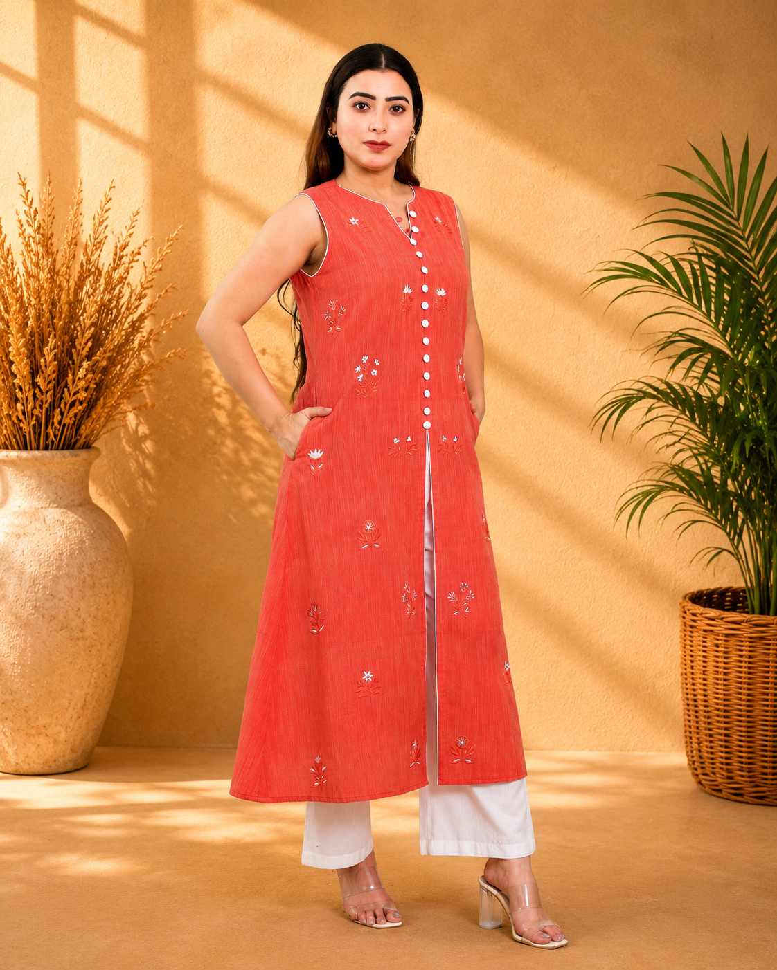 Red Handloom A-Line Kurta Set with White Pants and Floral Motifs