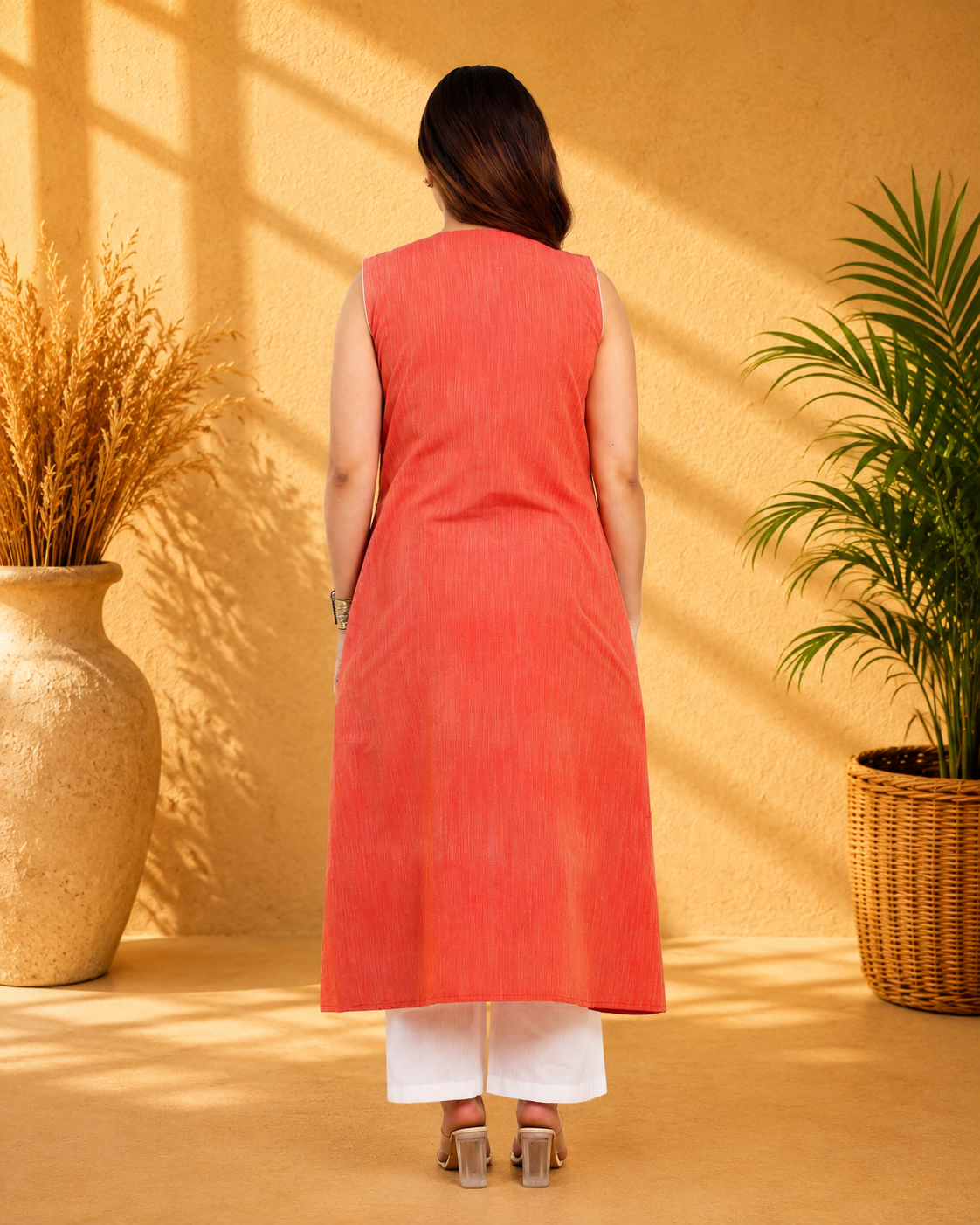 Red Handloom A-Line Kurta Set with White Pants and Floral Motifs