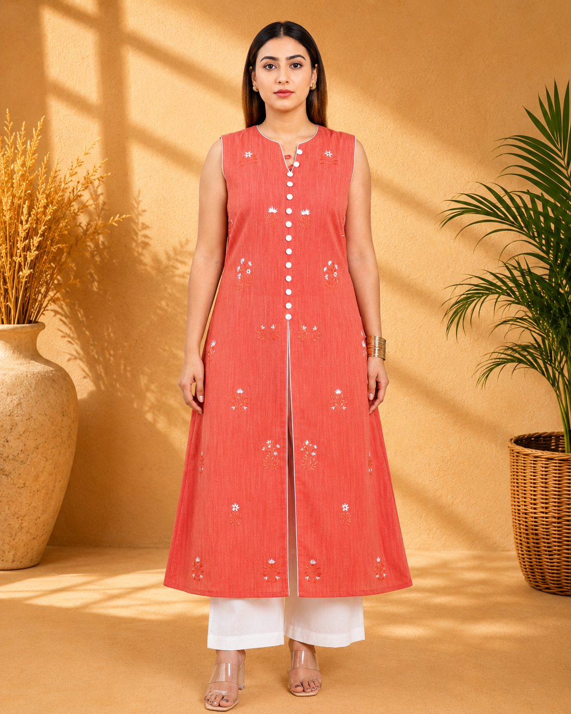 Red Handloom A-Line Kurta Set with White Pants and Floral Motifs