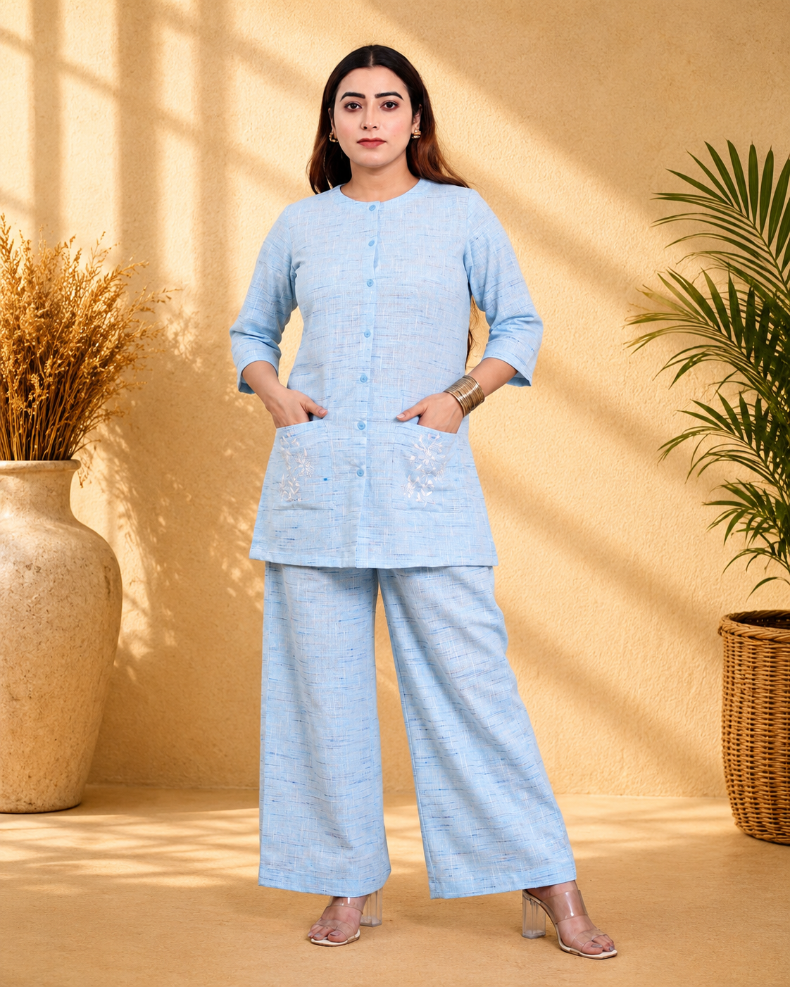 Ice Blue Handwoven Khadi Co-ord Set with Embroidered Pockets