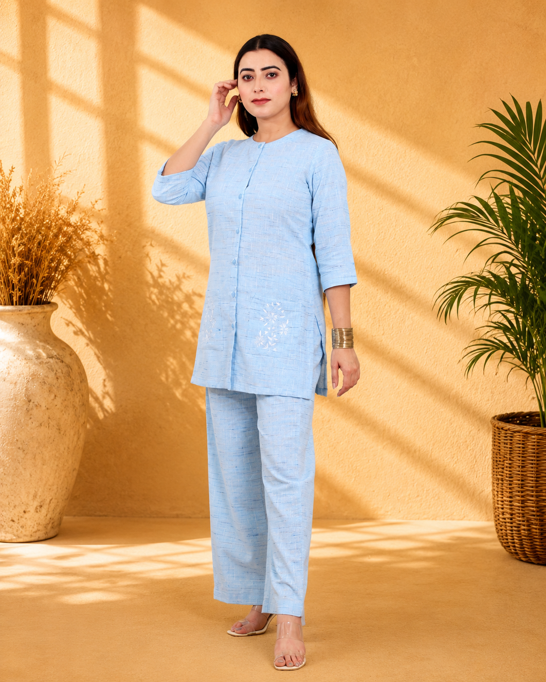 Ice Blue Handwoven Khadi Co-ord Set with Embroidered Pockets