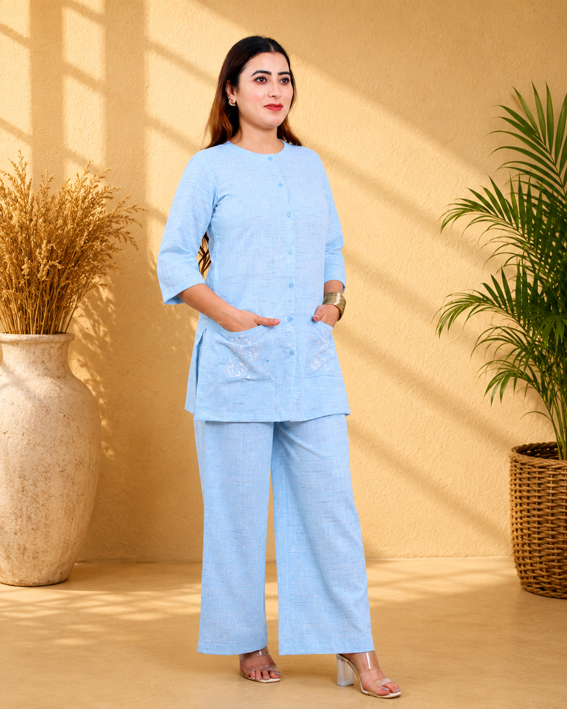 Ice Blue Handwoven Khadi Co-ord Set with Embroidered Pockets