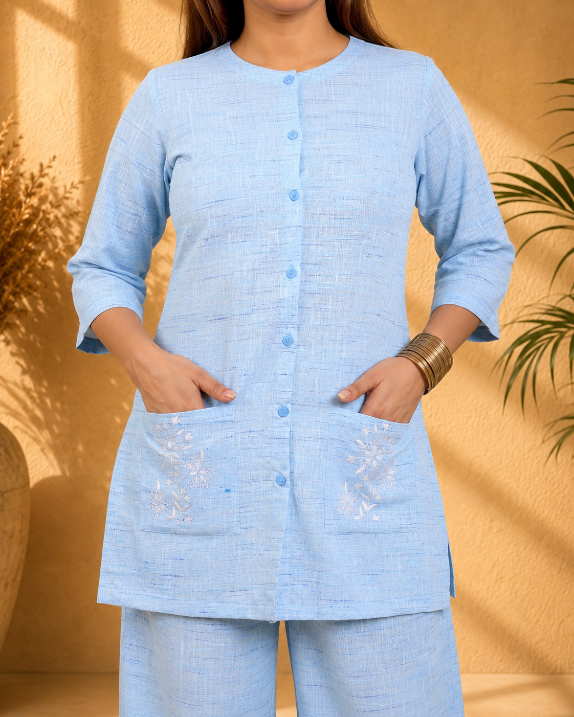 Ice Blue Handwoven Khadi Co-ord Set with Embroidered Pockets