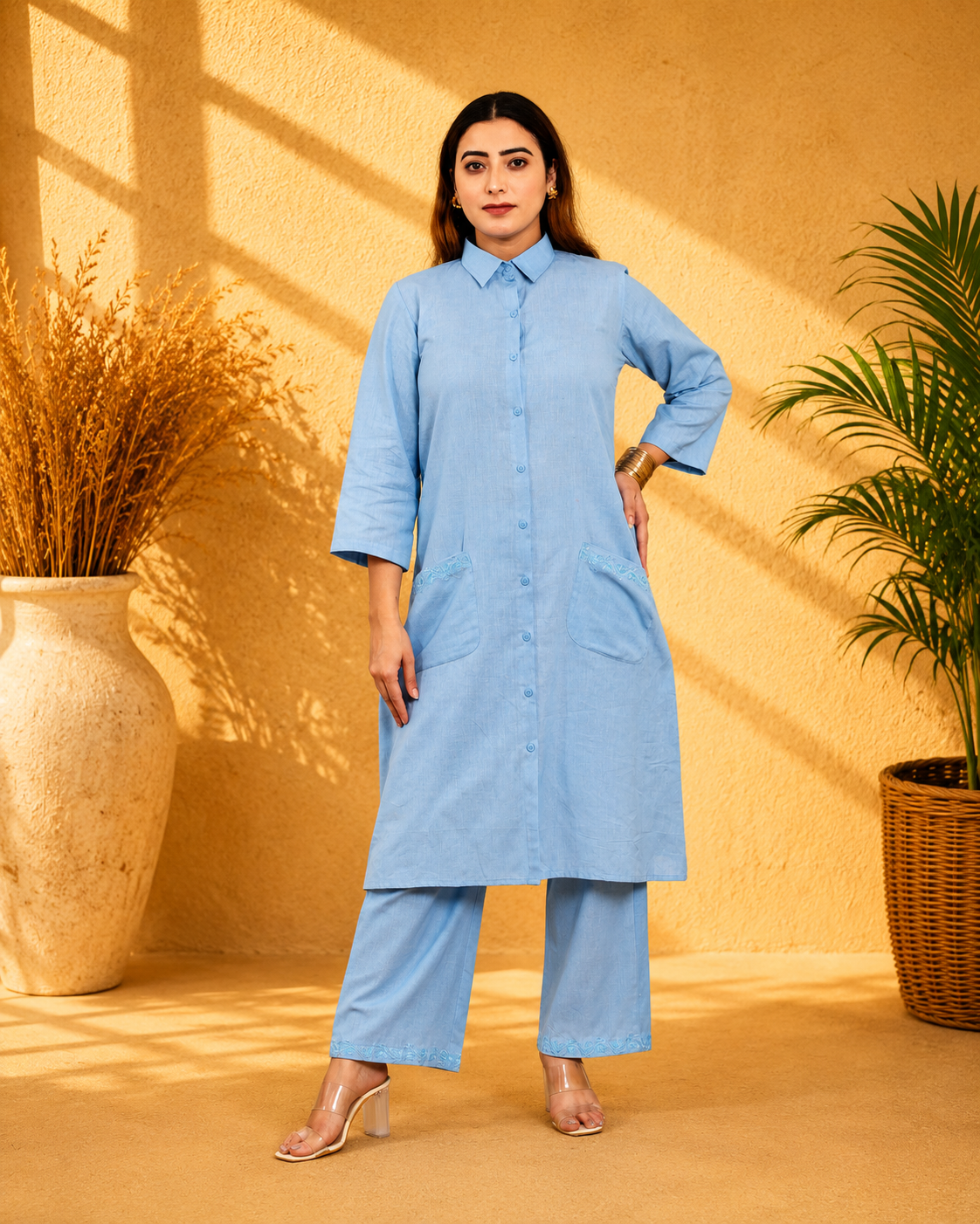 Sky Blue Cotton Linen Kurta Set with Collar and Hand Embroidery
