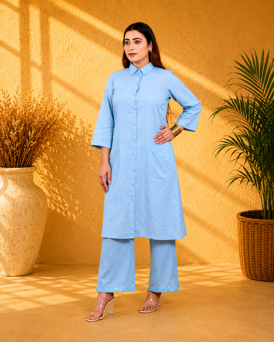 Sky Blue Cotton Linen Kurta Set with Collar and Hand Embroidery