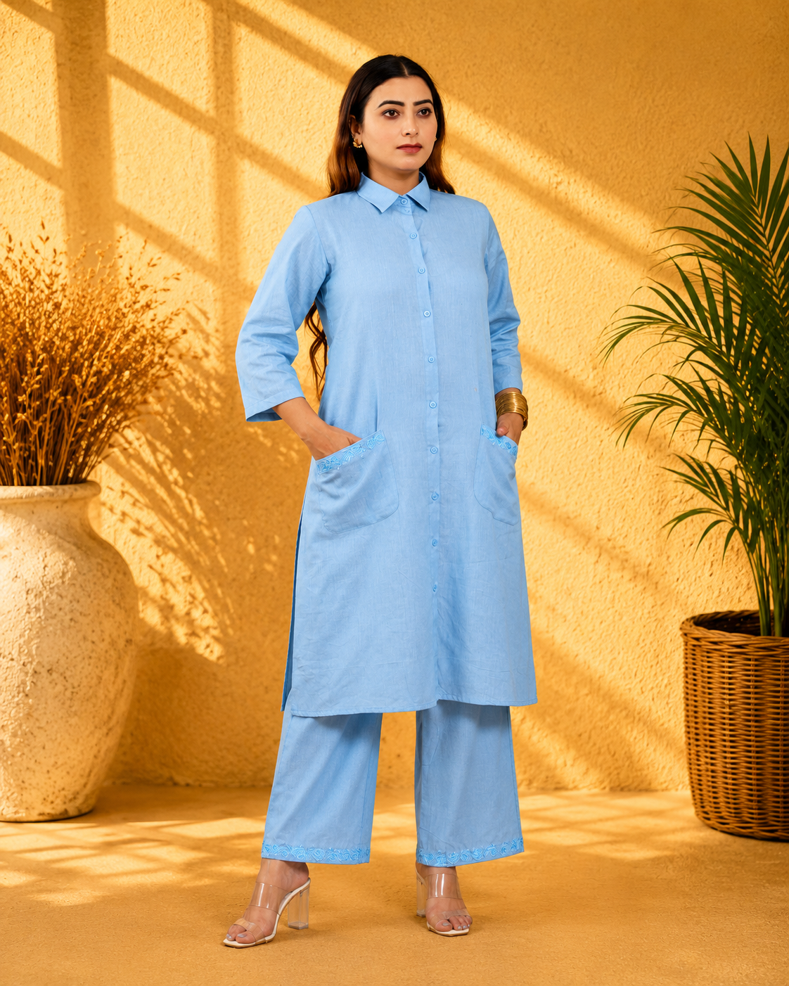 Sky Blue Cotton Linen Kurta Set with Collar and Hand Embroidery