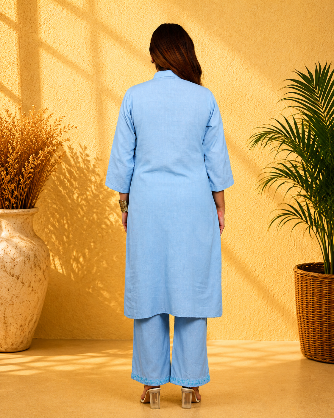Sky Blue Cotton Linen Kurta Set with Collar and Hand Embroidery