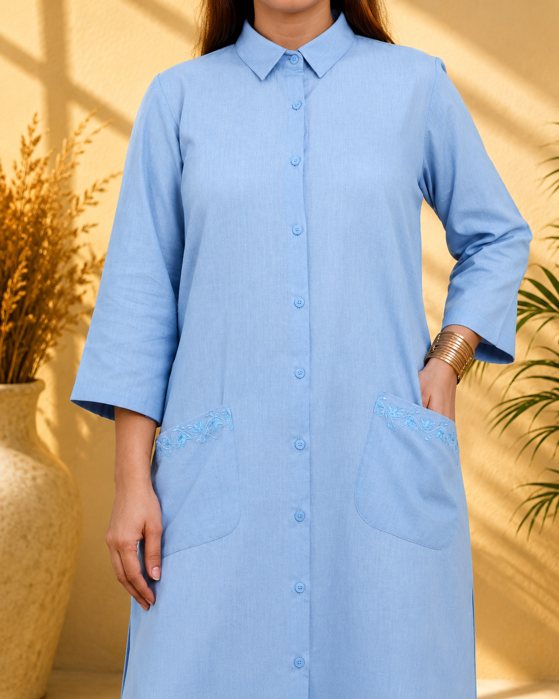 Sky Blue Cotton Linen Kurta Set with Collar and Hand Embroidery