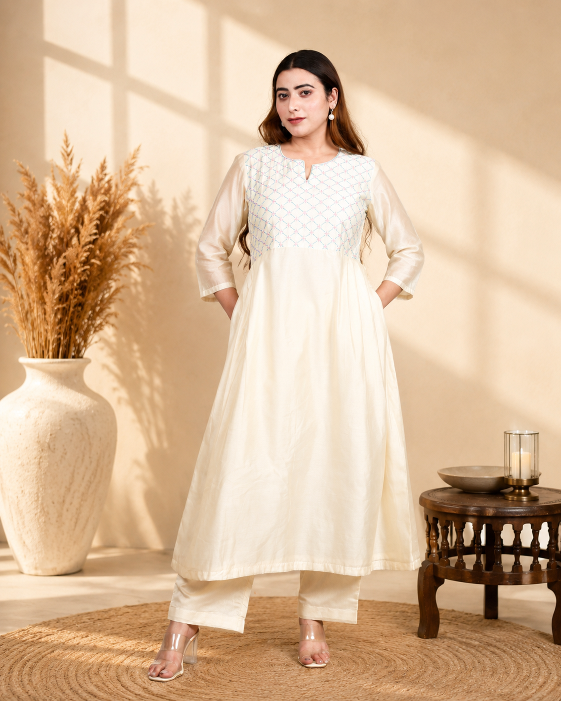 Off-White Chanderi Angrakha Set with Hand Embroidery
