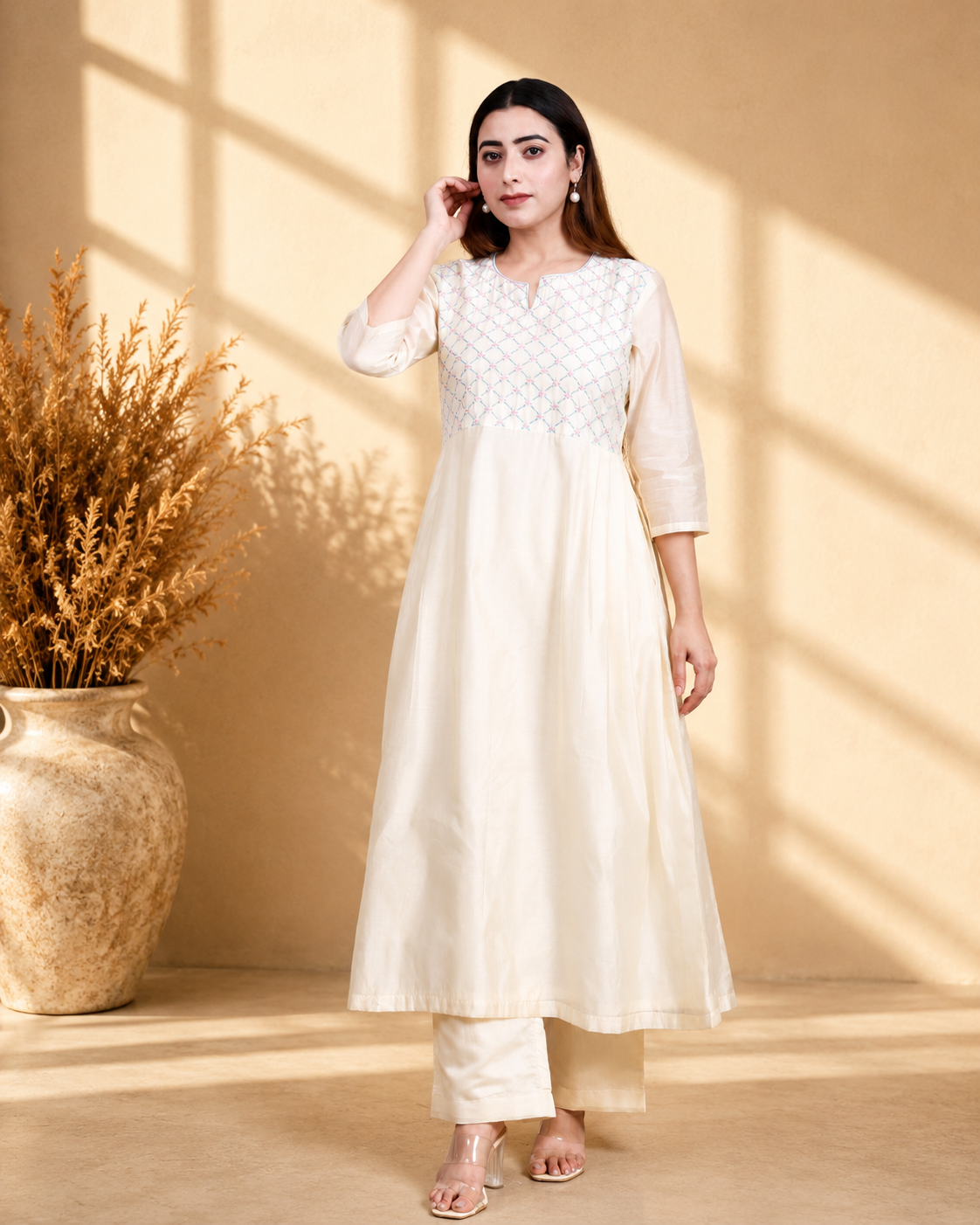 Off-White Chanderi Angrakha Set with Hand Embroidery