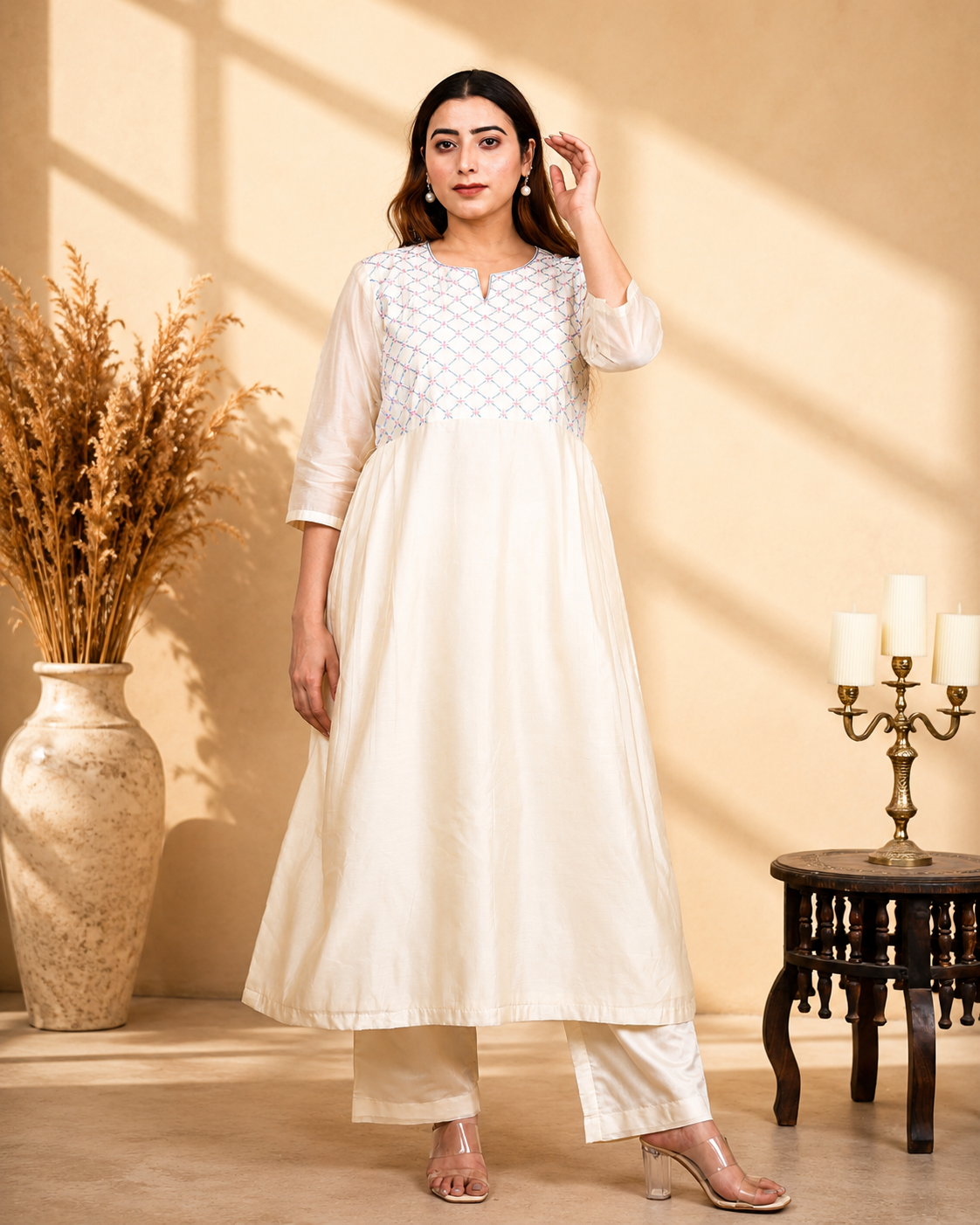 Off-White Chanderi Angrakha Set with Hand Embroidery