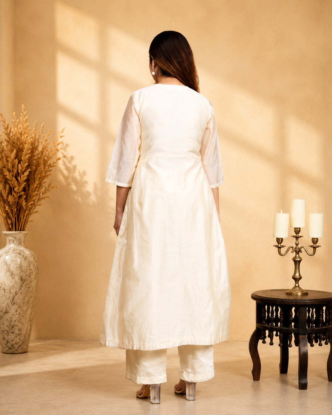 Off-White Chanderi Angrakha Set with Hand Embroidery