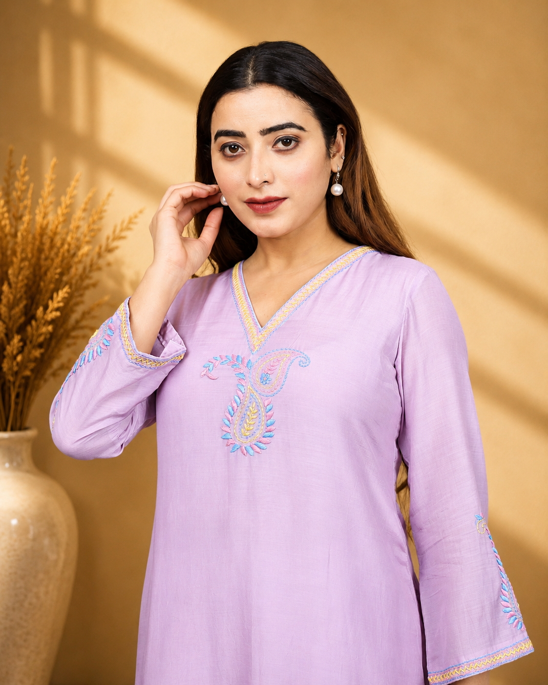 Mauve Mul Chanderi A-Line Kurta Set with Paisley Hand Embroidery