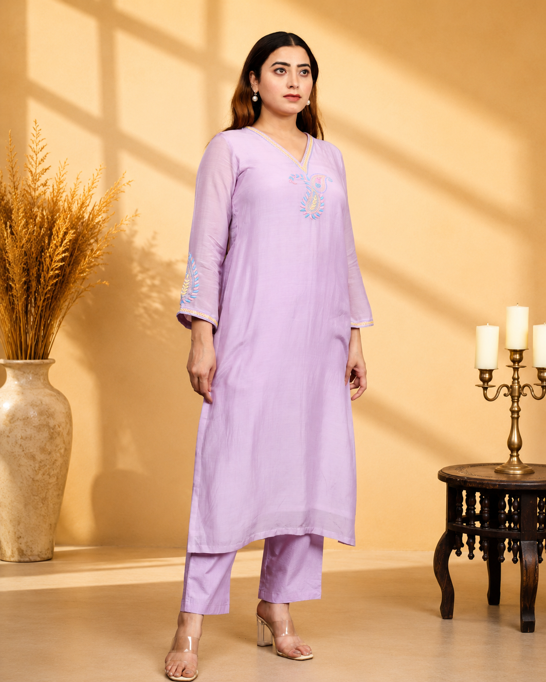 Mauve Mul Chanderi A-Line Kurta Set with Paisley Hand Embroidery