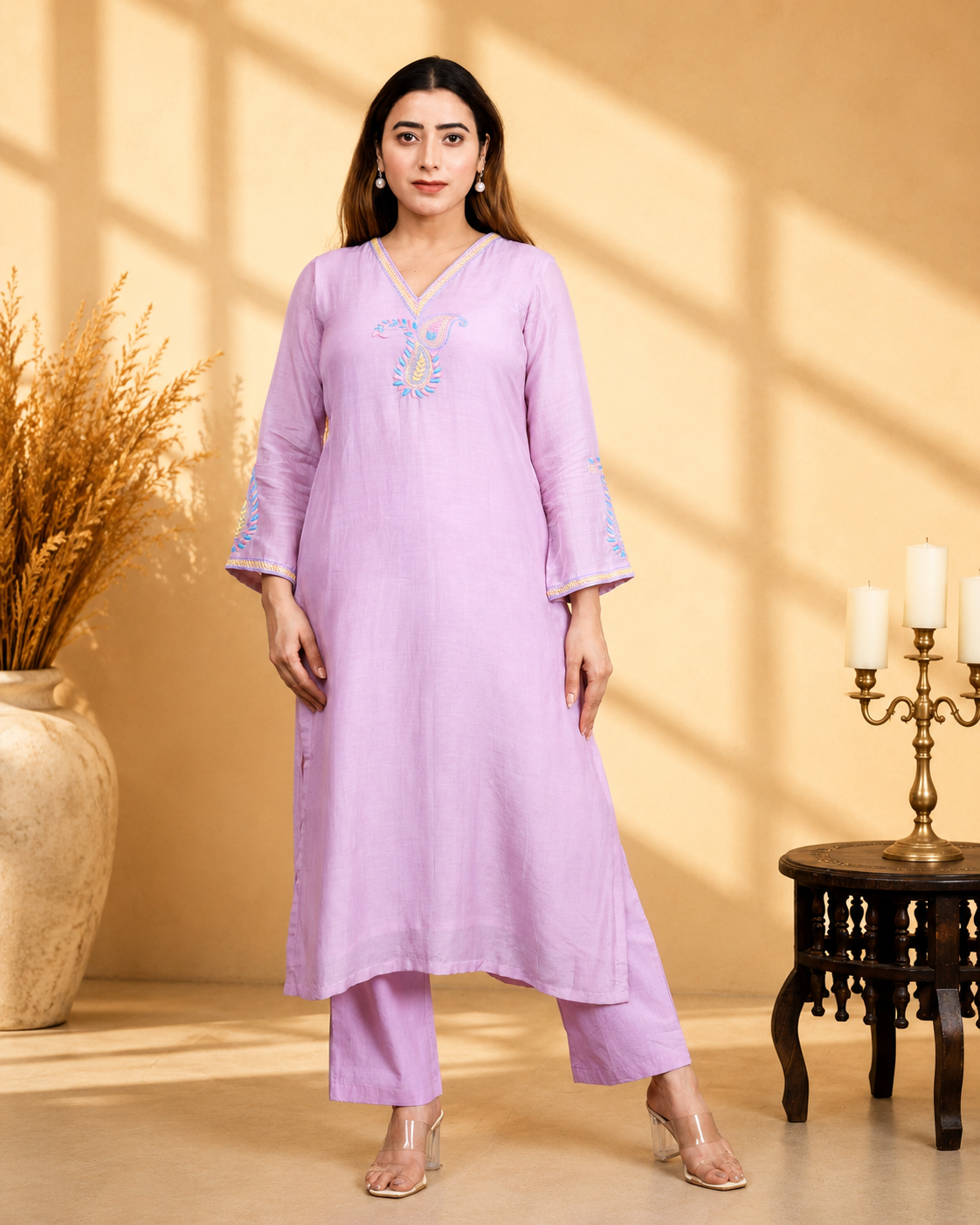 Mauve Mul Chanderi A-Line Kurta Set with Paisley Hand Embroidery