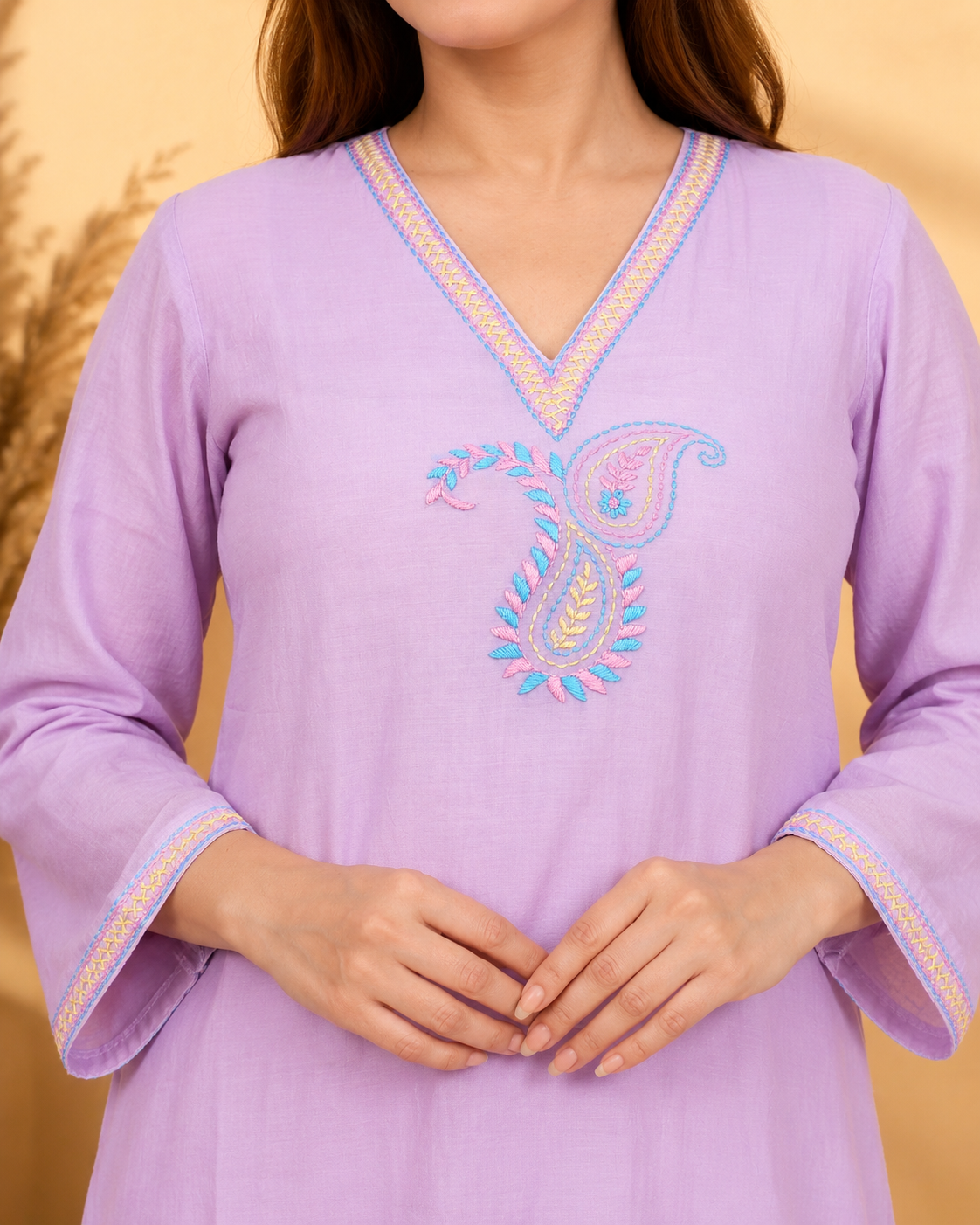 Mauve Mul Chanderi A-Line Kurta Set with Paisley Hand Embroidery