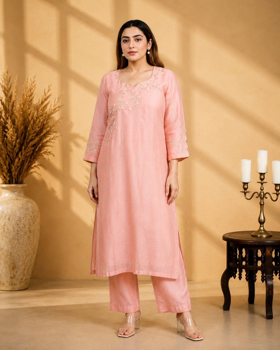 Peach Mul Chanderi A-Line Kurta Set with Poplin Pants and Neck Embroidery