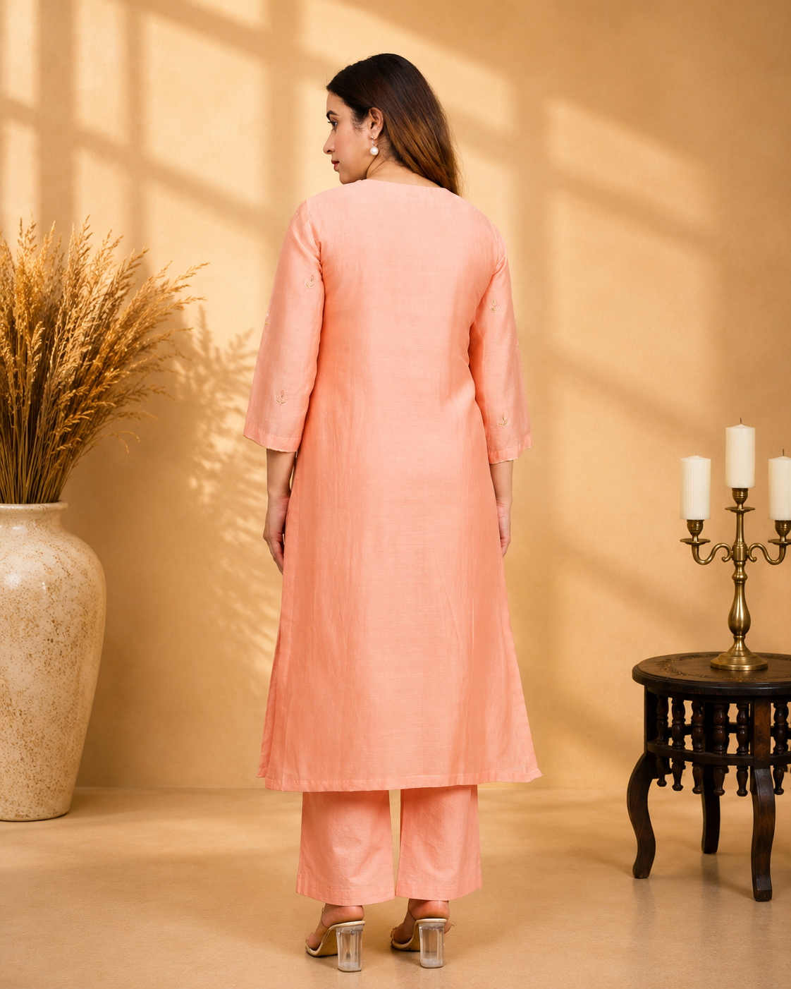 Peach Mul Chanderi A-Line Kurta Set with Poplin Pants and Neck Embroidery