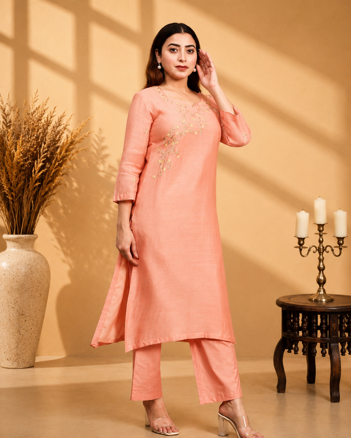 Peach Mul Chanderi A-Line Kurta Set with Poplin Pants and Neck Embroidery