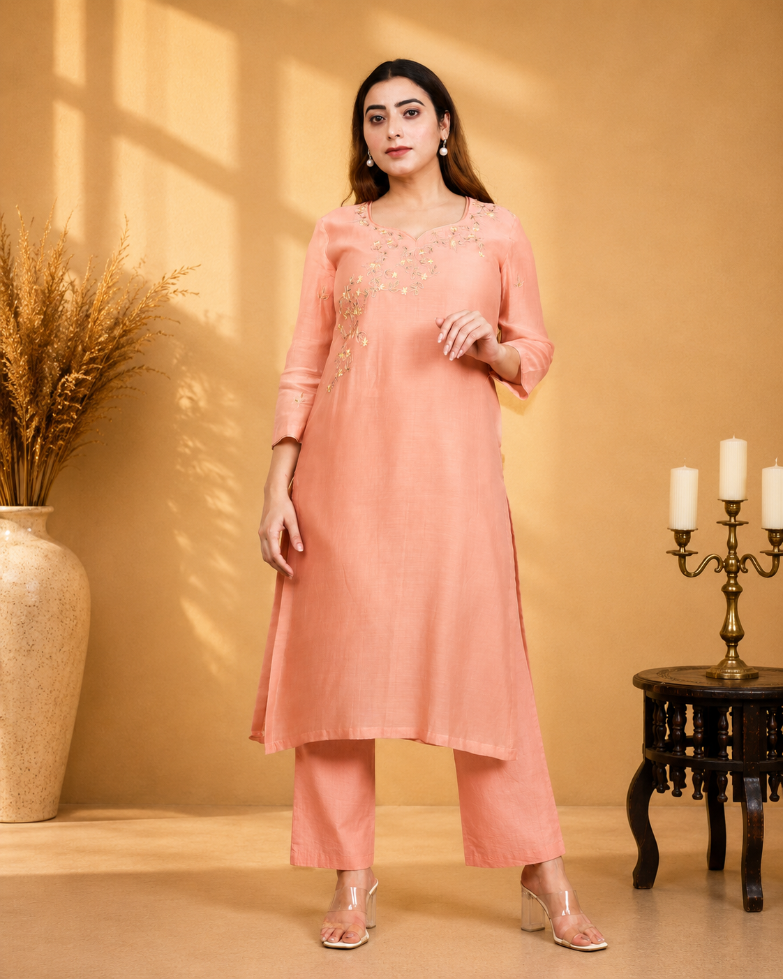 Peach Mul Chanderi A-Line Kurta Set with Poplin Pants and Neck Embroidery