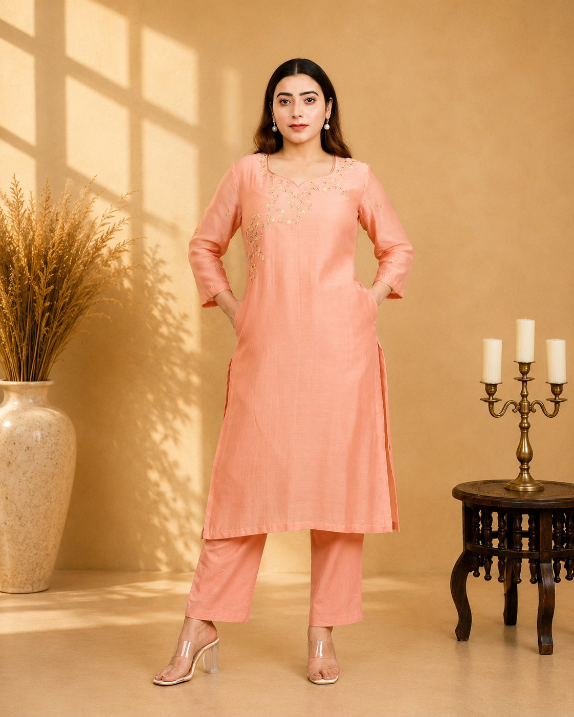 Peach Mul Chanderi A-Line Kurta Set with Poplin Pants and Neck Embroidery