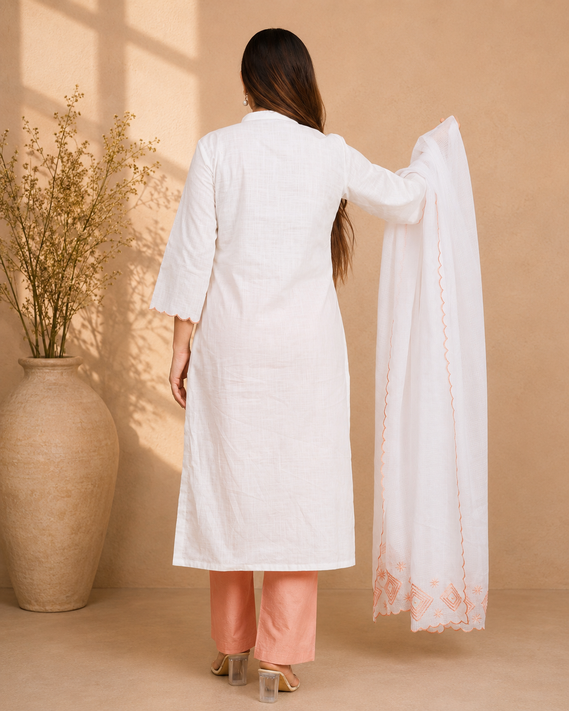 White & Peach A-Line Kurta Set with Kota Doria Dupatta and Embroidery