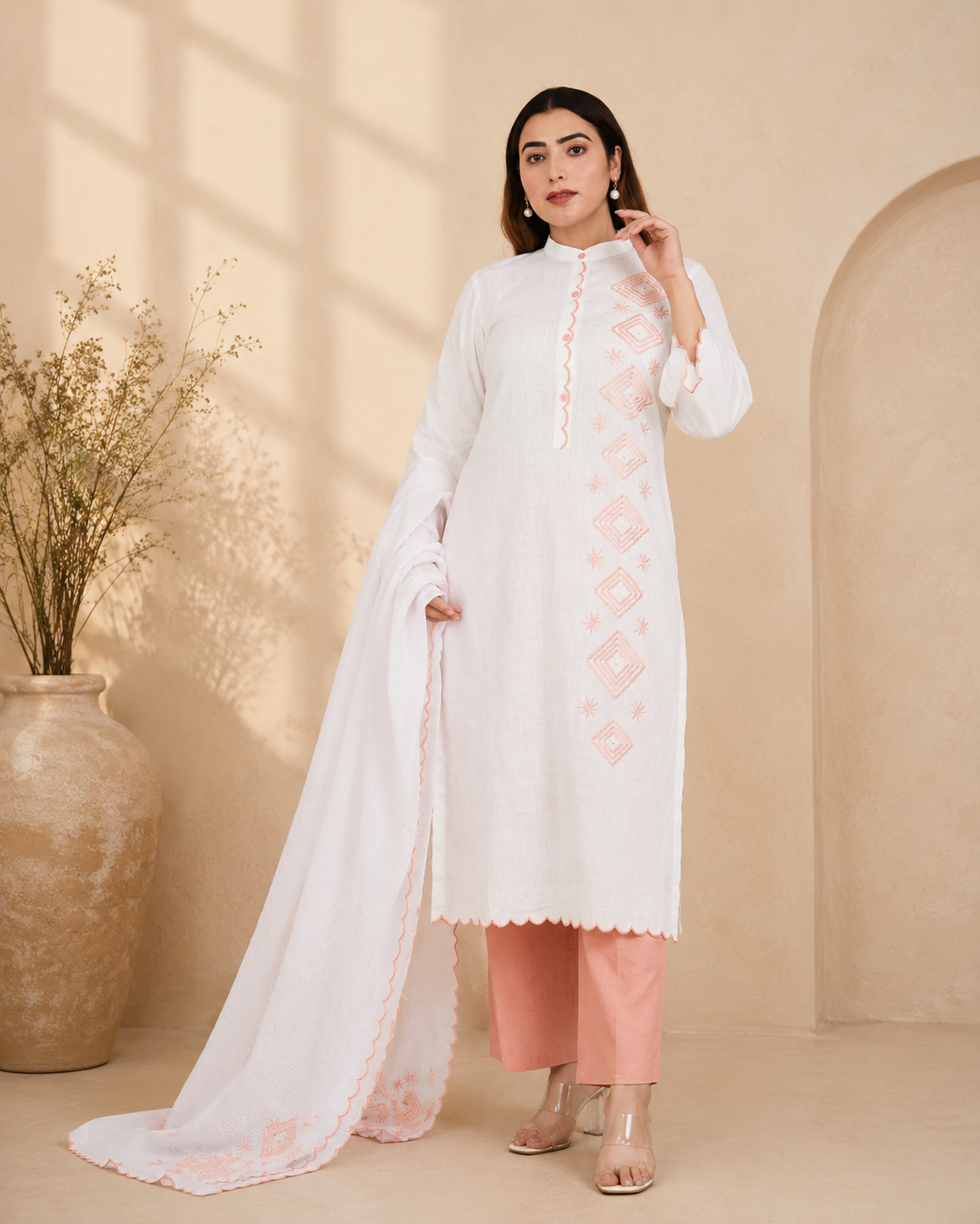 White & Peach A-Line Kurta Set with Kota Doria Dupatta and Embroidery