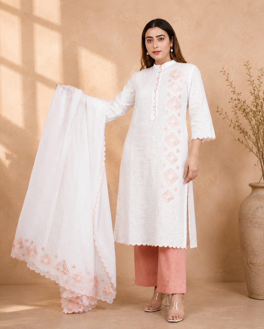 White & Peach A-Line Kurta Set with Kota Doria Dupatta and Embroidery