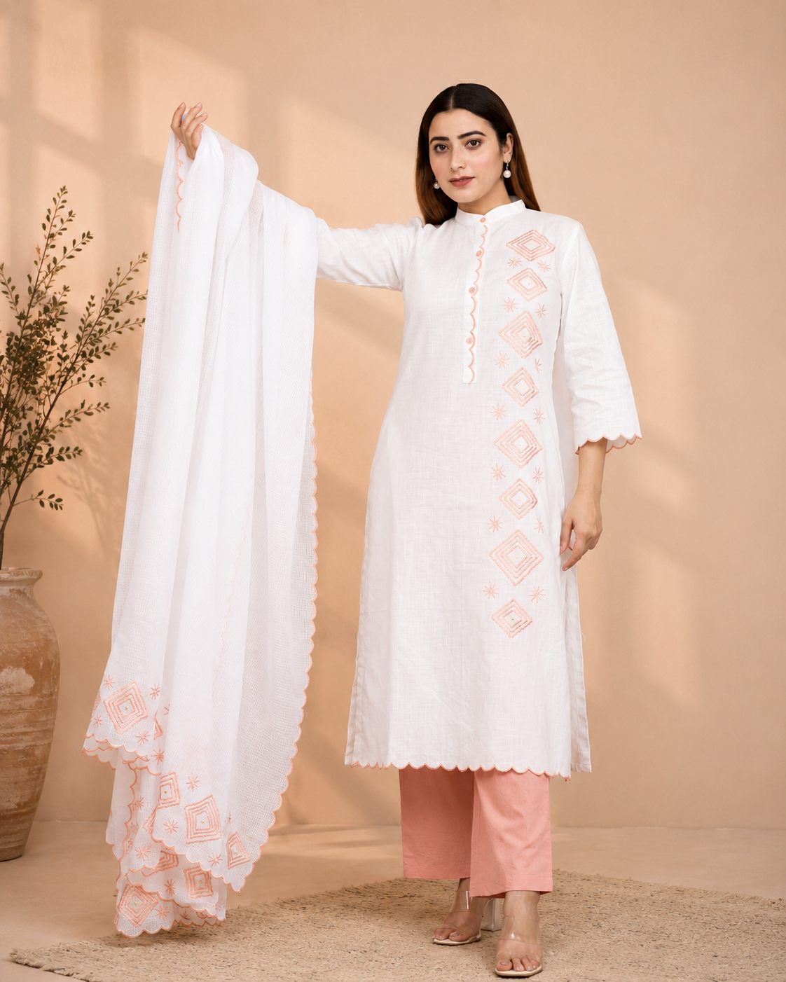 White & Peach A-Line Kurta Set with Kota Doria Dupatta and Embroidery
