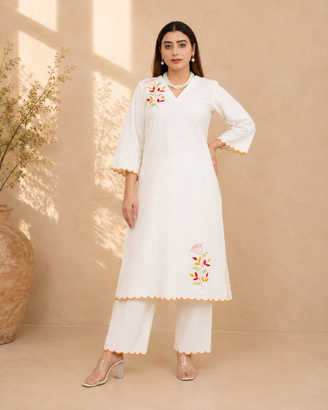 Off-White Seersucker A-Line Kurta Set with Multi-Color Hand Embroidery