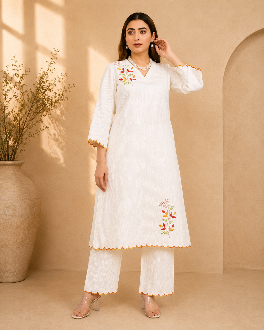 Off-White Seersucker A-Line Kurta Set with Multi-Color Hand Embroidery