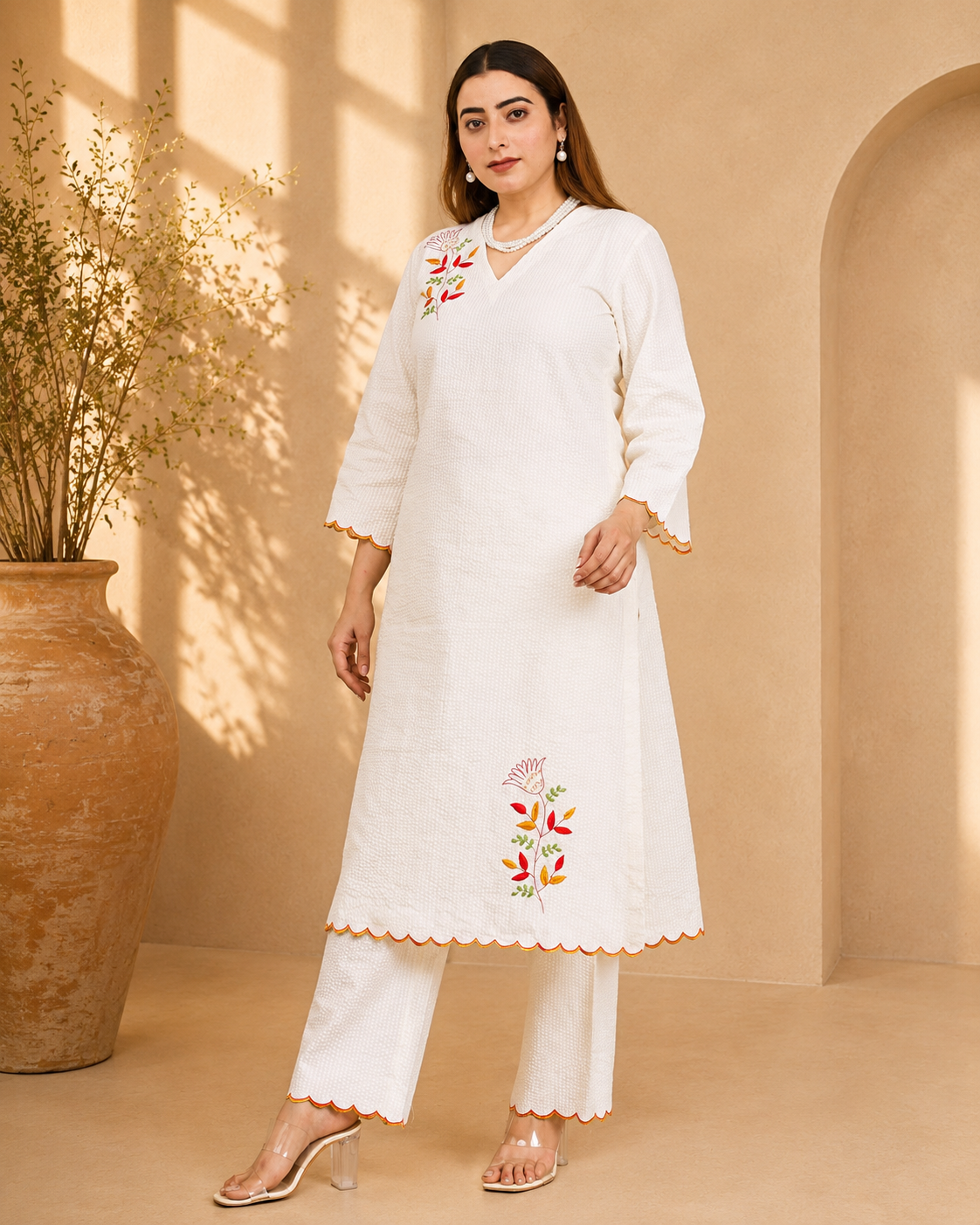 Off-White Seersucker A-Line Kurta Set with Multi-Color Hand Embroidery