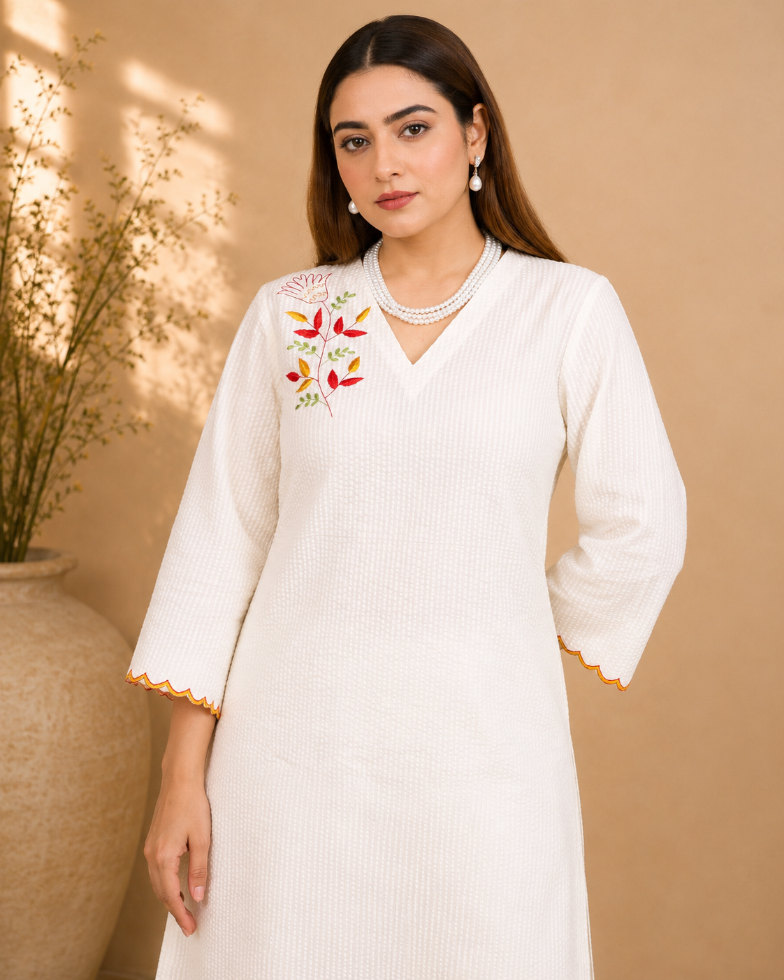 Off-White Seersucker A-Line Kurta Set with Multi-Color Hand Embroidery