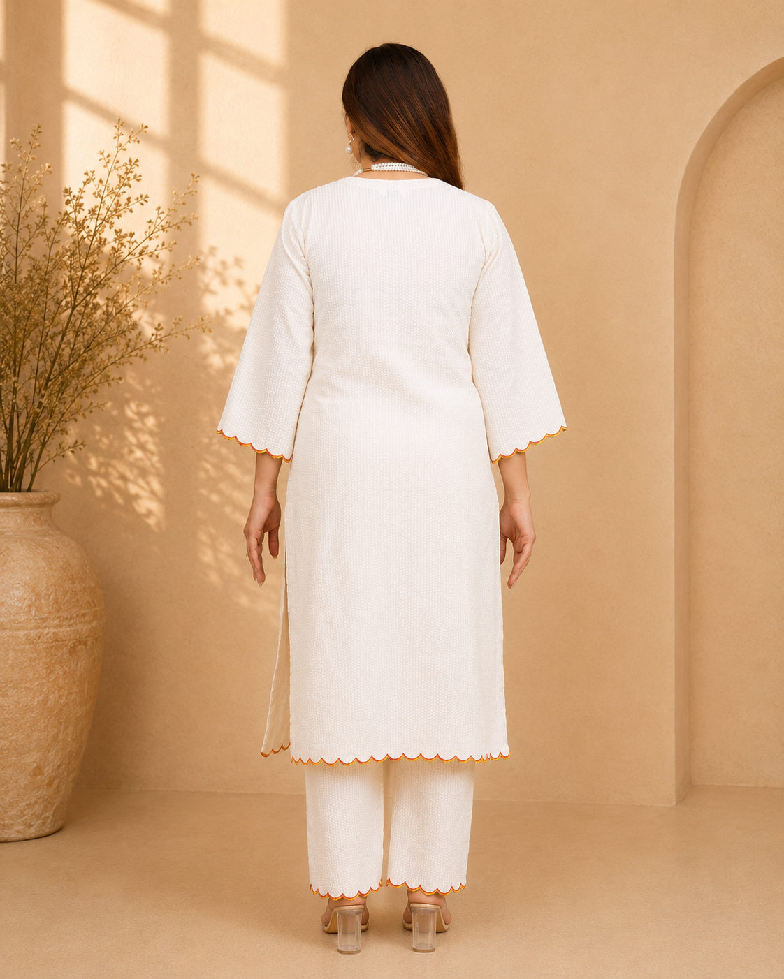 Off-White Seersucker A-Line Kurta Set with Multi-Color Hand Embroidery