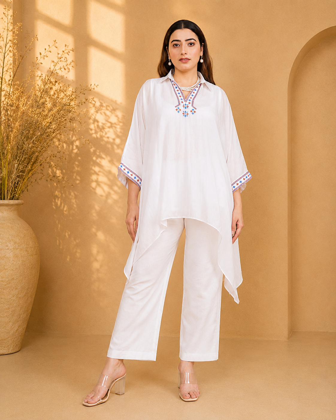 White Sustainable Chanderi Kaftan with Multi-Color Hand Embroidery