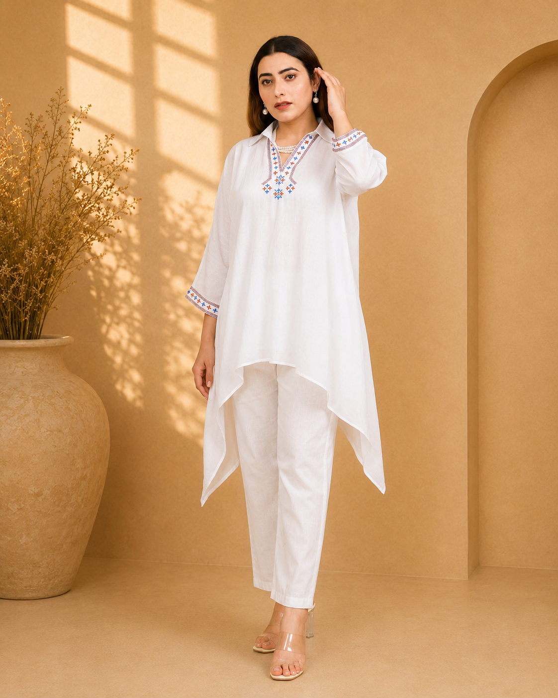 White Sustainable Chanderi Kaftan with Multi-Color Hand Embroidery