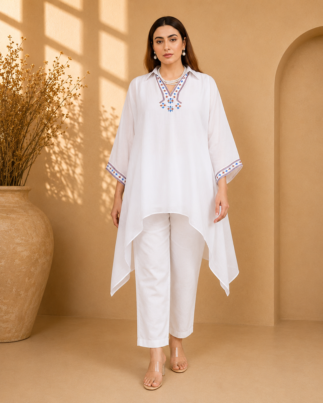 White Sustainable Chanderi Kaftan with Multi-Color Hand Embroidery