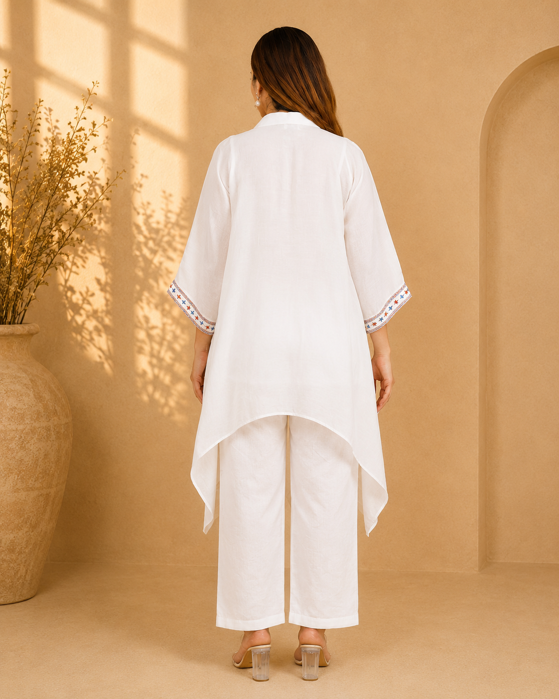 White Sustainable Chanderi Kaftan with Multi-Color Hand Embroidery