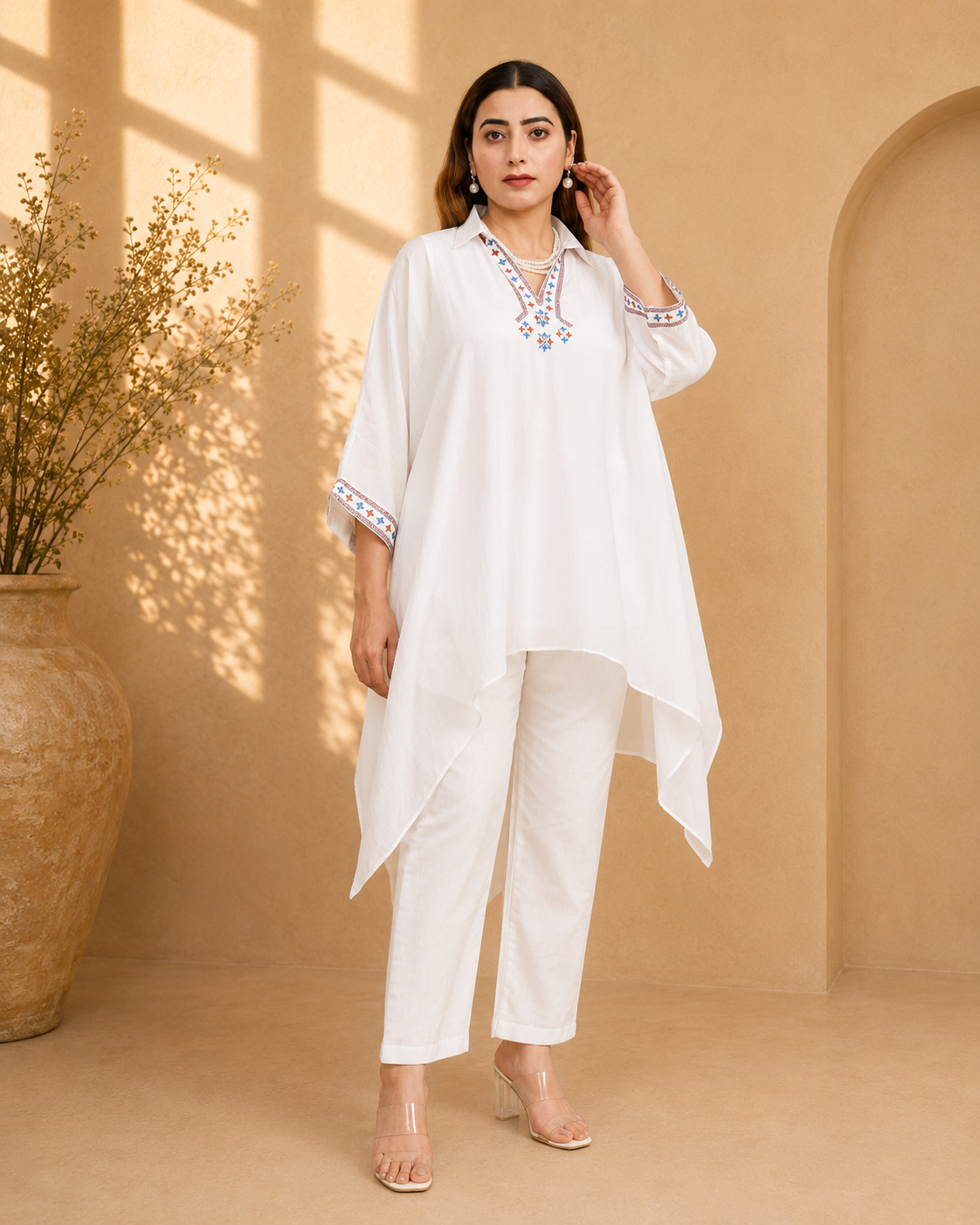 White Sustainable Chanderi Kaftan with Multi-Color Hand Embroidery
